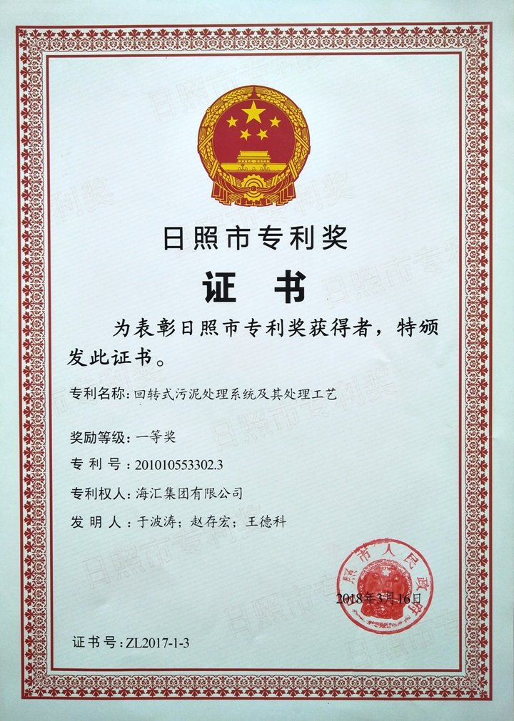 Rizhao City Patent Award: Rotary Sludge Treatment System and Its Treatment Process